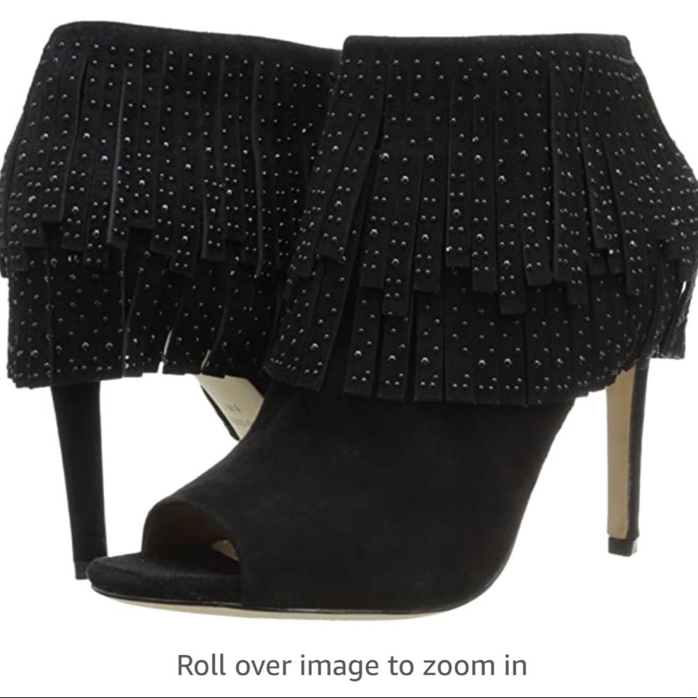 BCBGMAXZRIA sz 6 Raimi black suede fringe peeptoe heels booties